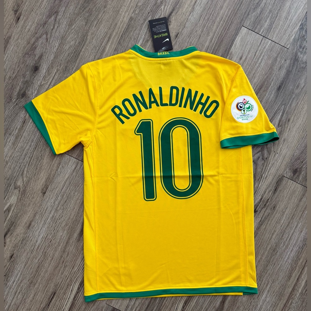 Brazil Ronaldinho Yellow and Green Men's Soccer Jersey #10